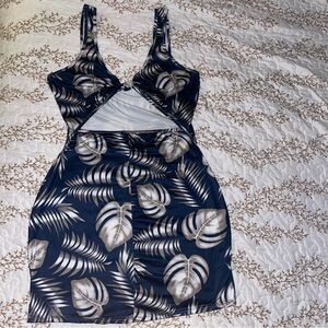 EUC tropical leaf monstera island print bodycon mini party dress blue cutout sm